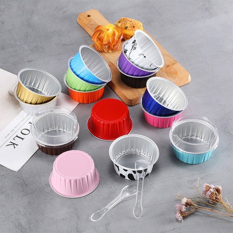 10 Cốc Nhôm Cốc Thiếc Tròn Đựng Bánh Flan, Tart Trứng, Nướng Bánh Trực Tiếp 125ml+ Kèm Nắp