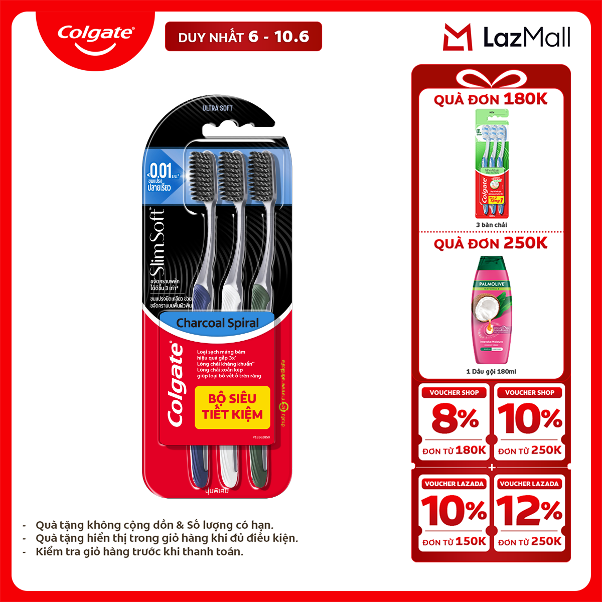 [Chỉ 6-10.6_X2 Voucher giảm 22%] [MỚI] Bộ 3 Bàn chải Colgate Slim Soft Charcoal Spiral lông chải kháng khuẩn, xoắn kép loại sạch mảng bám