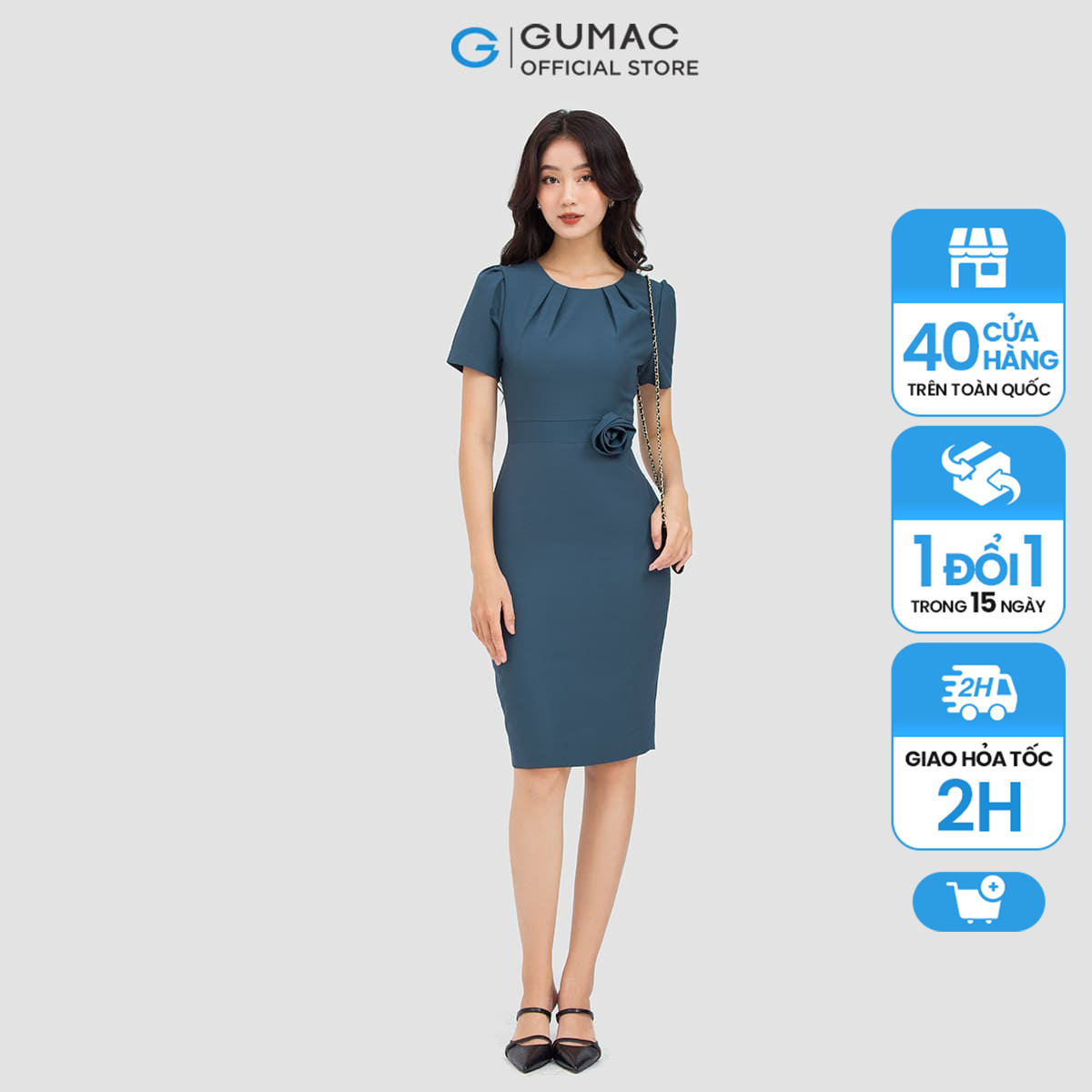 Đầm bút chì gumac dc06060 cổ xếp ly