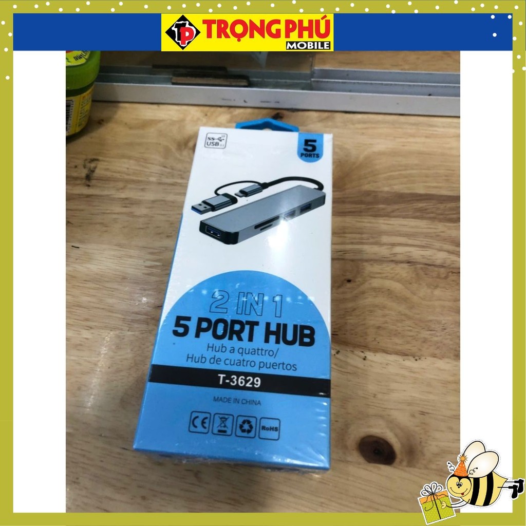 Hub Chuyển Và đọc Thẻ USB/Type-c Ra 3 USB + 2 đọc Thẻ T-3629 - sale off