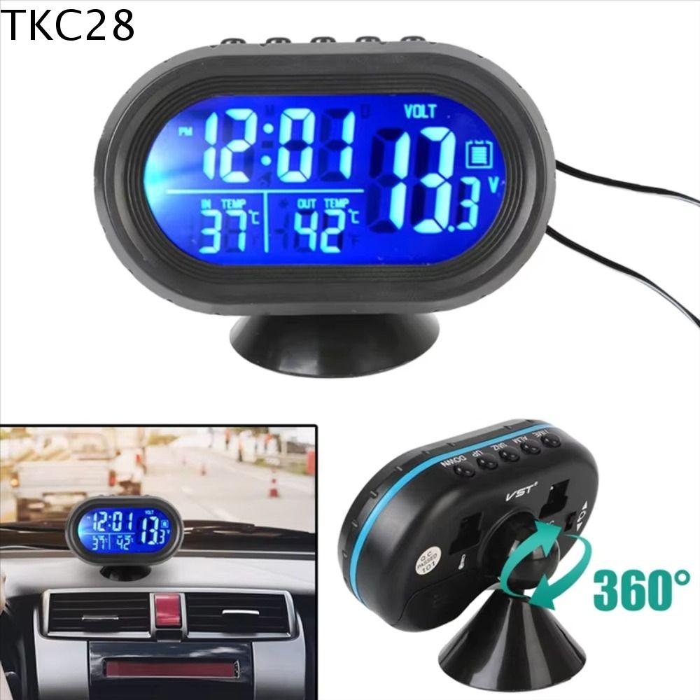 TKC28 Hiển thị nhiệt độ kép Nhiệt kế ô tô kỹ thuật số Cảnh báo đóng băng 12V-24V Máy đo điện áp ắc quy ô tô Điện tử Đèn nền Vôn kế nhiệt kế ô tô Phụ kiện nội thất