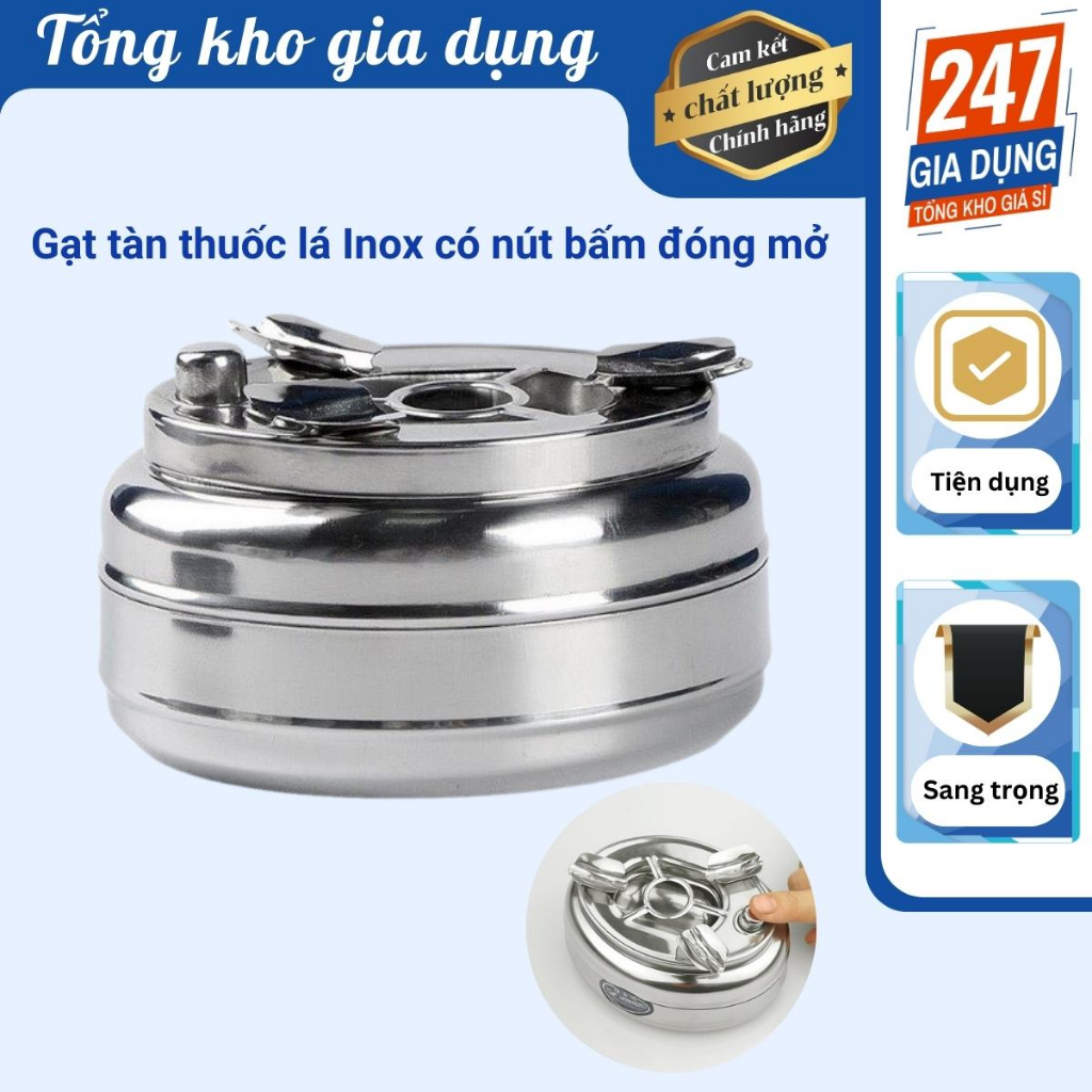 Gạt tàn thuốc Inox có nút bấm đóng mở ngăn đựng tàn thuốc