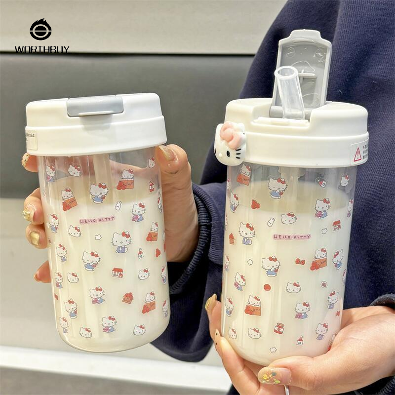 Cốc có ống hút dung tích lớn hello kitty cho bé gái, cốc bằng nhựa cho học sinh hoạt hình dễ thương, bền và chịu nhiệt