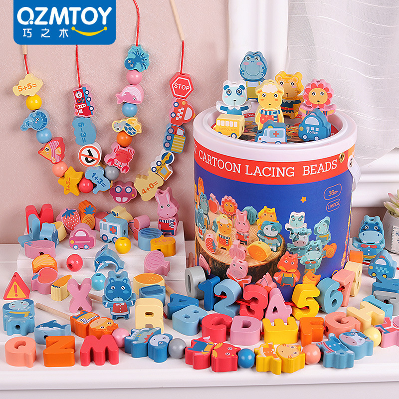 Children's Educational Toys Wooden Barrel Large Particle Beaded Wiring Rope Building Blocks Alphanumeric Animal Cognition Wholesale