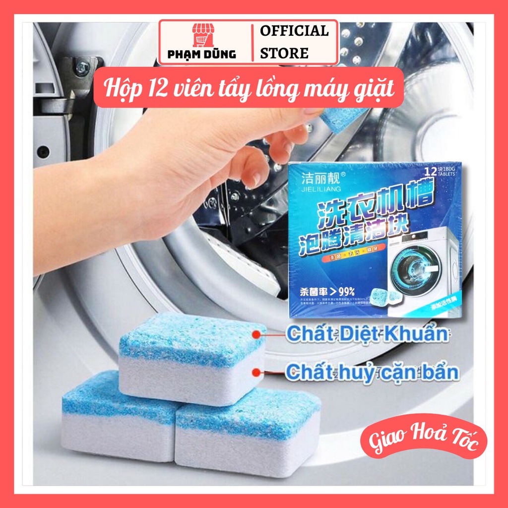 Viên tẩy lồng máy giặt cửa trước , hộp 12 viên vệ sinh lồng giặt cửa trên tiện lợi