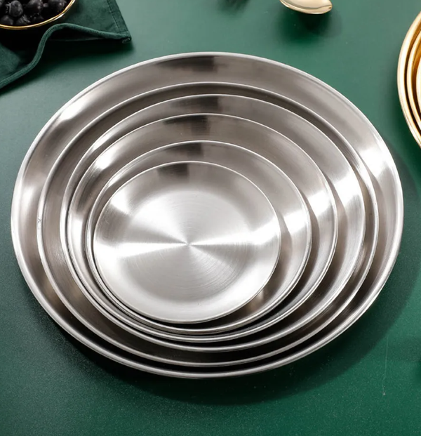 Đĩa tròn inox dày, đĩa tròn inox kiểu hàn quốc, đĩa inox màu vàng, đĩa nướng thương mại