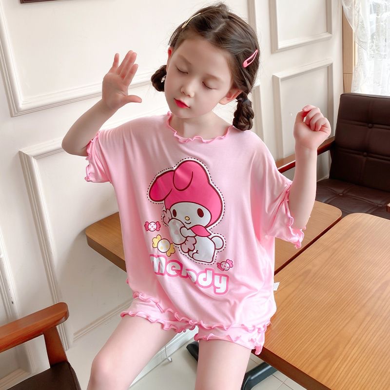 IQAngel đồ ngủ trẻ em mỏng mùa hè tay ngắn bé gái bộ đồ ngủ hoạt hình Bộ đồ mặc nhà bình thường cho 
