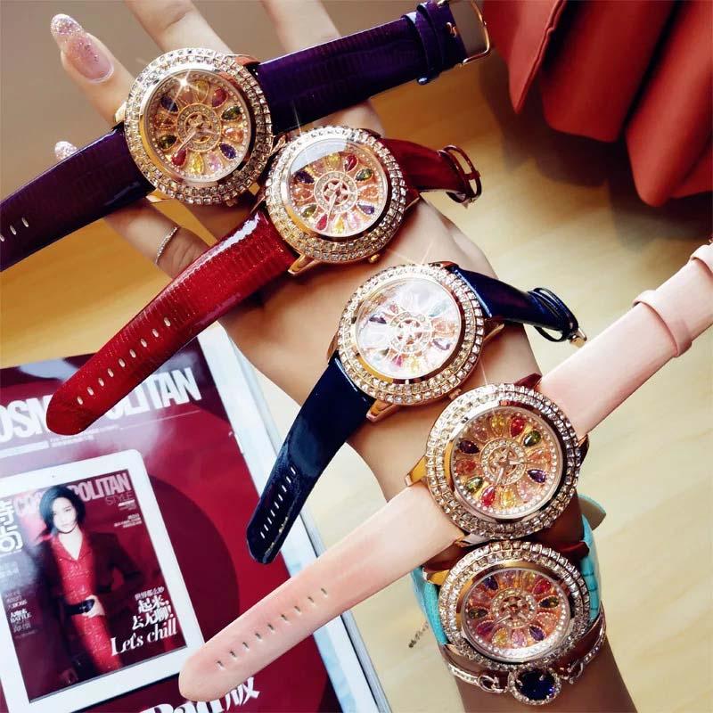 2019 model baru gemetar yin wang Merah Jam Tangan Penuh Berlian Berlian berwarna Kulit asli Jam tangan cantik wanita Tahan Air jam tangan QUARTZ Jam tangan siswa