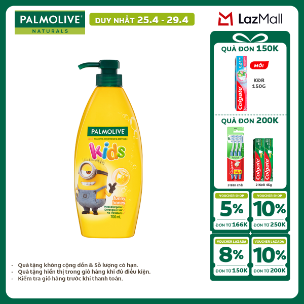 [Chỉ 25-29.4_X2 Voucher giảm 20%] Dầu gội 3 trong 1 Palmolive Kids Minion tắm gội xả toàn thân cho bé từ 3 tuổi, hương mật ong, dịu nhẹ, không kích ứng