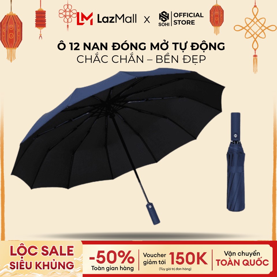 Ô Dù Che Mưa Đi Nắng 12 Nan Tự Động Xếp Gấp Gọn, Chống Uv Cao Cấp