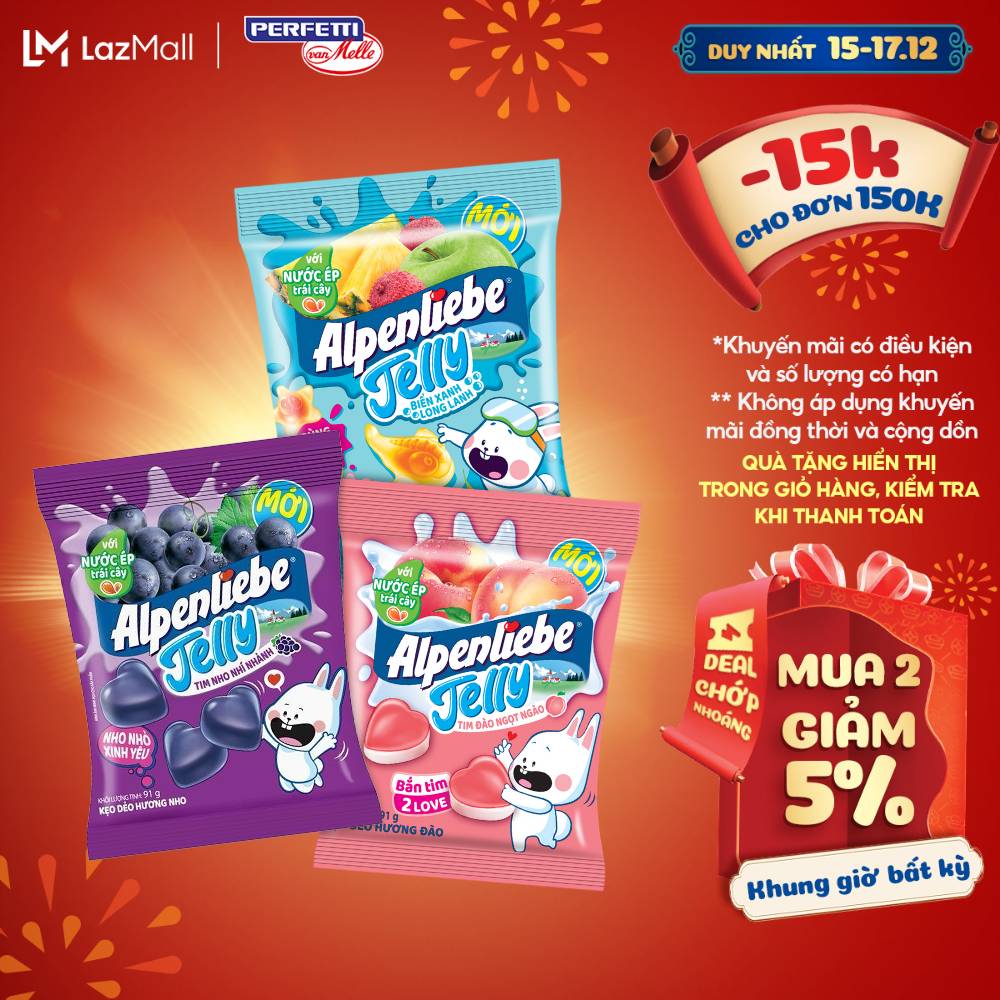 Kẹo dẻo có nhân Alpenliebe Biển Xanh Long Lanh hương trái cây hỗn hợp Ong Óng Ánh hương trái cây kết hợp mật ong và kẹo dẻo 2 lớp Tim Đào Ngọt Ngào hương Đào