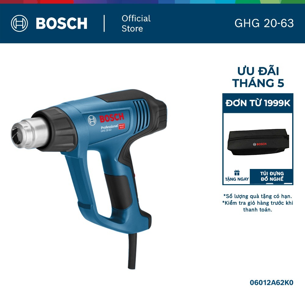 Súng thổi hơi nóng Bosch GHG 20-63 Professional - Công suất 2000W, Điều chỉnh nhiệt độ liên tục từ 50°C đến 630°C