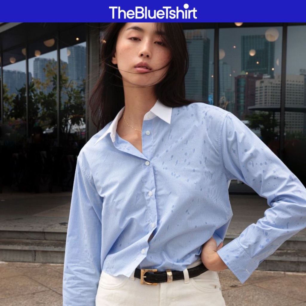 TheBlueTshirt - Áo sơ mi boxy tay dài cổ trắng sọc caro nhỏ cho nữ - White Collar Boxy Shirt - Blue 