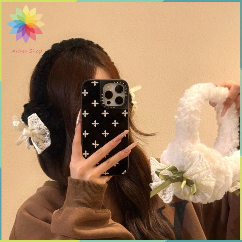 HETU070703. Ấm áp Máy sưởi tai bằng nhung Màu sắc đồng nhất Nơ Bịt tai Bảo vệ tai Dày hơn Bịt tai mùa đông Ngoài trời
