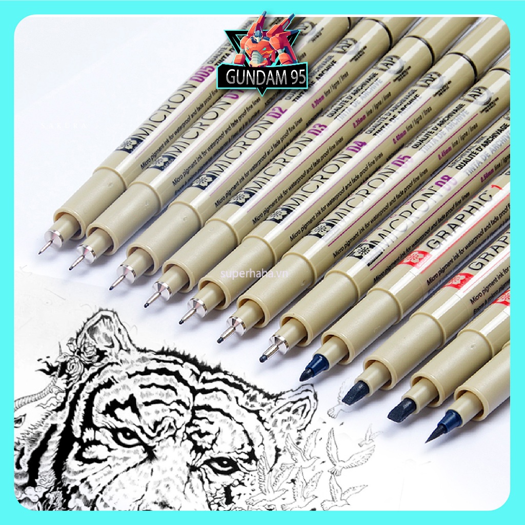 Bút vẽ mỹ thuật Sakura Pigma Micron 12 kích cỡ, bút kẻ chìm gundam