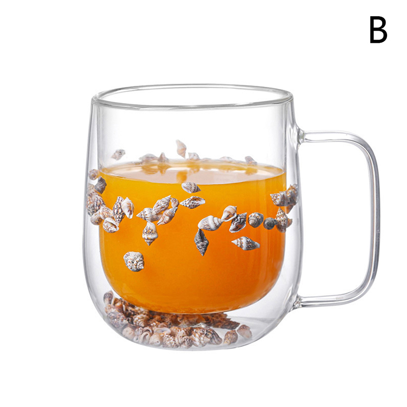 COD Đôi tường Glass Mug Cup với hoa khô Ốc Biển ốc xà cừ glitters trám