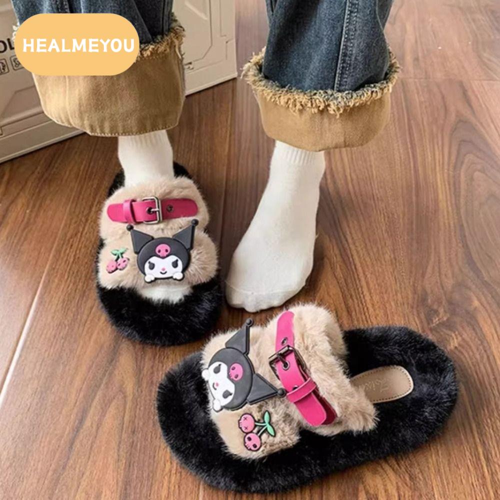 HEALMEYOU เข็มขัดหนังแท้ รองเท้าแตะ Kuromi หนา soled โบว์น๊อต รองเท้าแตะที่อบอุ่นในฤดูหนาว แฟชั่นสำหรับผู้หญิง รองเท้าใส่ในบ้าน รองเท้าแตะขนปุย สำหรับผู้หญิง ราคา 374 บาท*ส่งฟรี