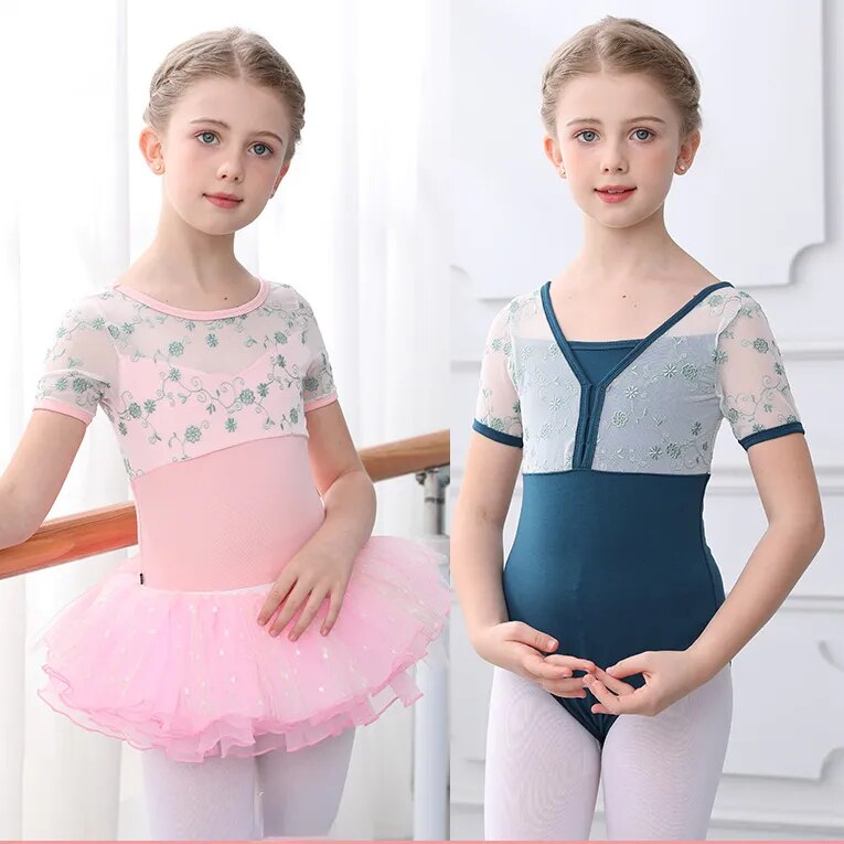 Leotards Ba Lê Cho Cô Gái Thêu Dành Cho Người Lớn Leotard Màu Hồng Ren ngắn tay lưới Chắp Vá Dây Đeo quần áo tập nhảy Trượt Băng Dancewear