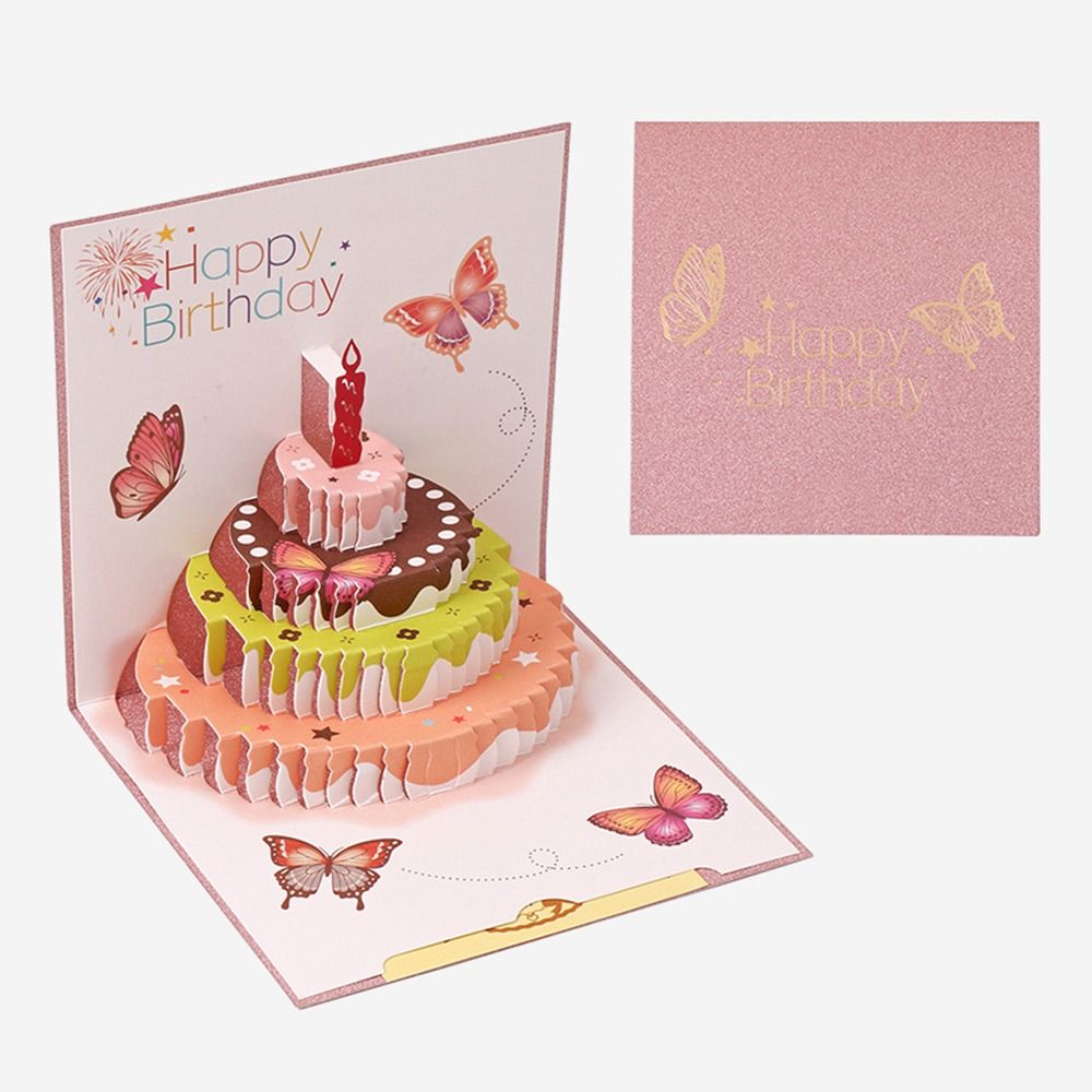 LONE TIMES 3D Happy Birthday Greeting Card Pop Up DIY Birthday Cake Message Card Envelope Blessing Fold Post Cards Family
