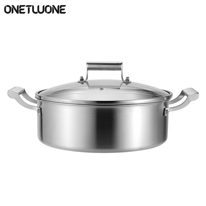 Onetwone High Quality 5 Layers Steel Pot with Glass Lid 304 Stainless Steel Cooking Pot for Gas and Induction Cooker 2 Handles Hot Pot Soup Pot Wok 28cm ราคา 1,332 บาท*ส่งฟรี