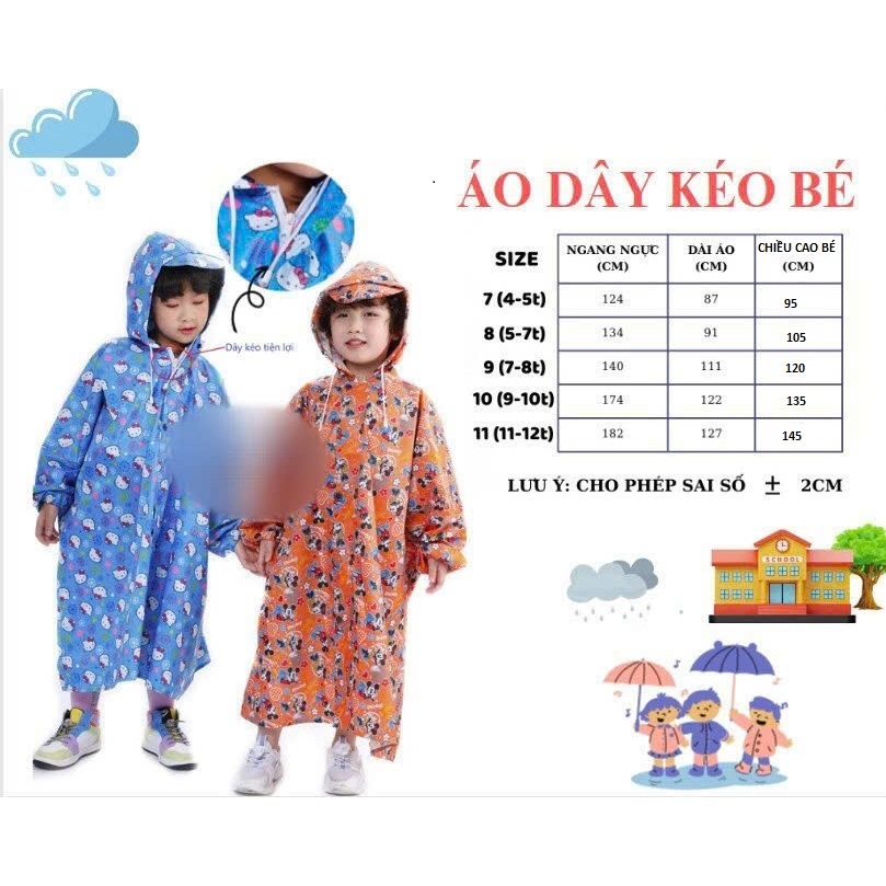 Áo mưa DÂY KÉO cho bé, vải dù chống thấm, cao cấp dầy dặn, họa tiết dễ thương.