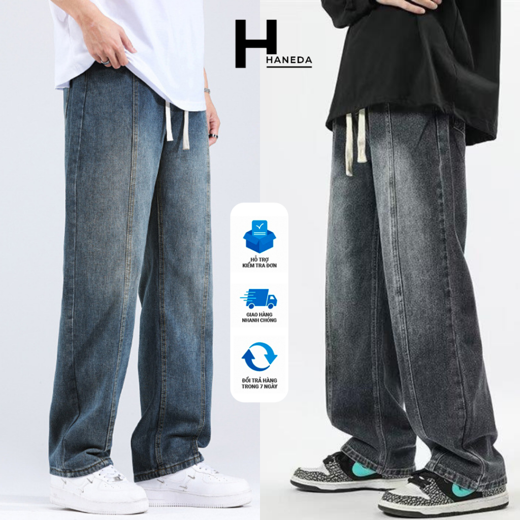  Quần Jeans ống Suông Nam Nữ Unisex cạp chun dây rút co dãn 2 màu xanh đen h Quần bò ống rộng cạp chun cao cấp 