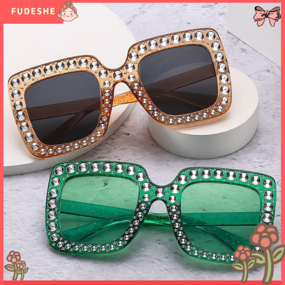 FUDESHE Khung lớn Kính râm ngoại cỡ pha lê Hình vuông Bảo vệ UV400 Kính mắt Hoài cổ Lấp lánh Kính râm  cương Phụ nữ