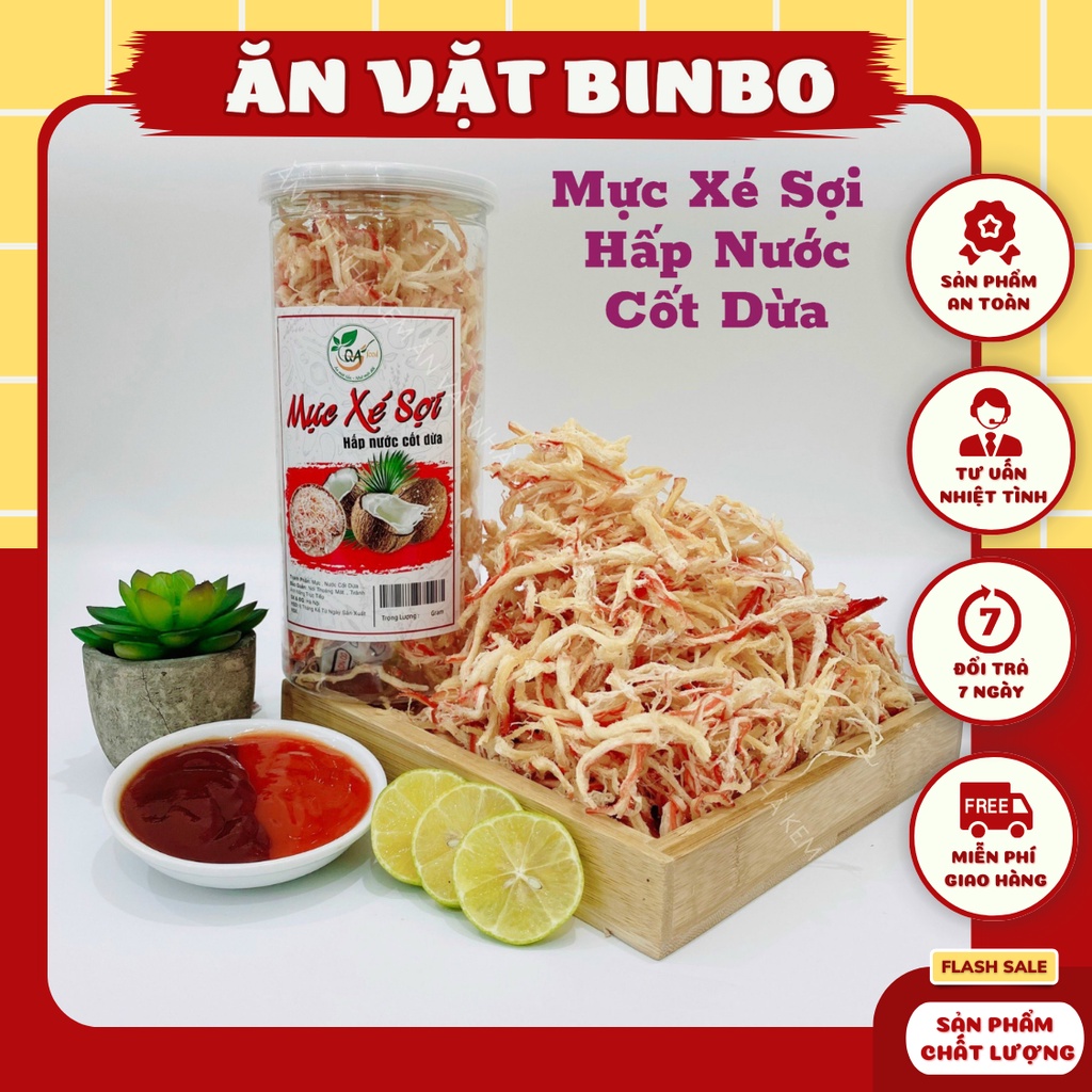Mực xé sợi hấp dừa 250gr, Mực dừa hấp xé sợi dai siêu ngon - Ăn Vặt BinBo