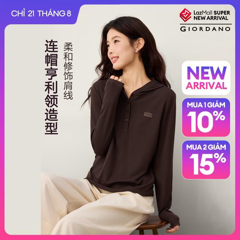 GIORDANO Women T-Shirts Half Button Hooded Tee Woven Label Long Sleeve Fashionable Casual Stretchy T-Shirts 13326624
