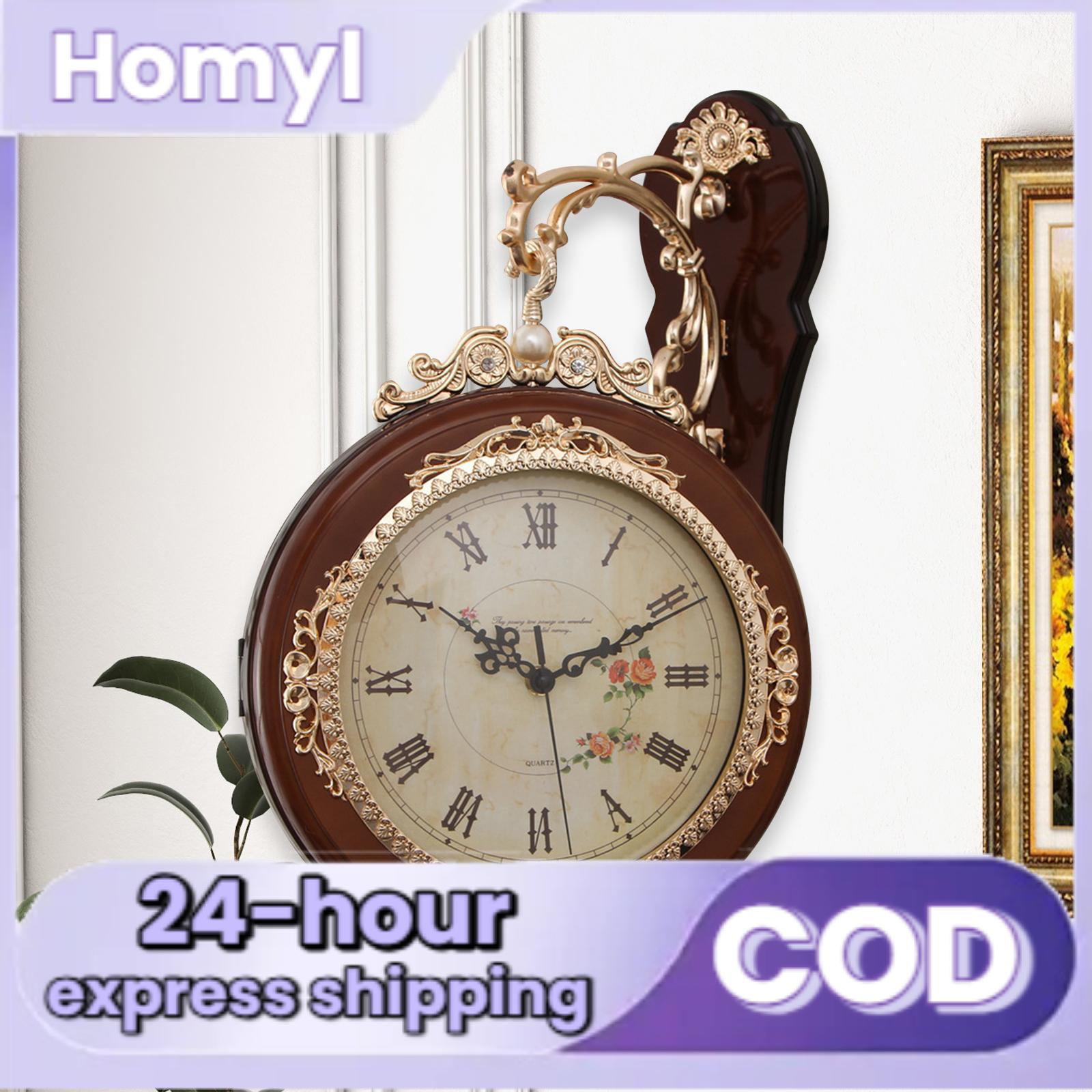 Double Sided Wall Clock Decorative Art Clock Round Non Ticking Silent Retro Design Wall Mounted for Office Home Decoration