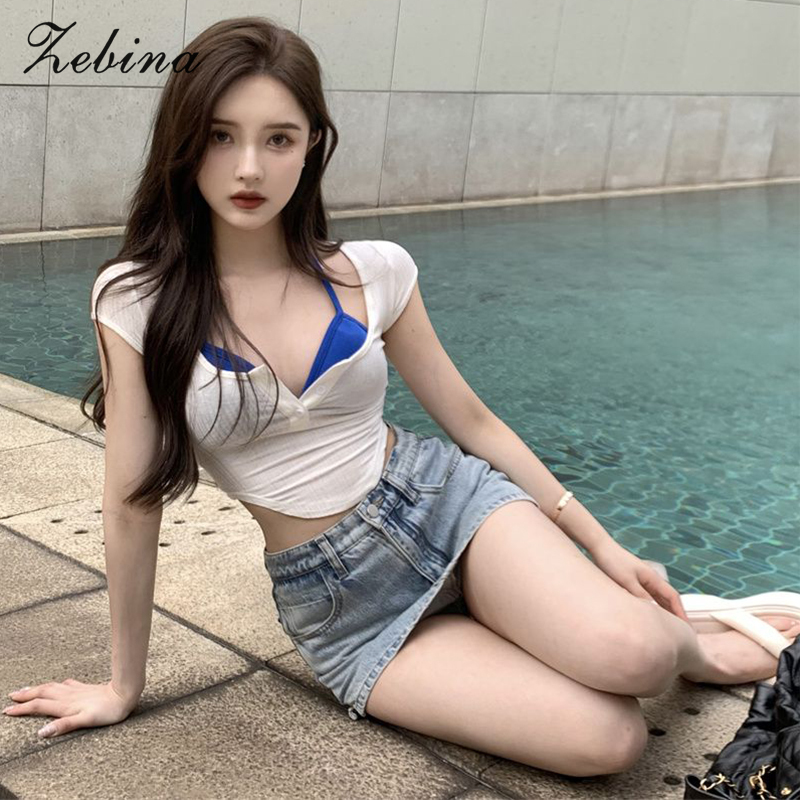 Zebina sexy hot girl square collar short-sleeved T-shirt women's summer new irregular slim short bottoming shirt12.12 Biggest Sale ราคา 131 บาท*ส่งฟรี