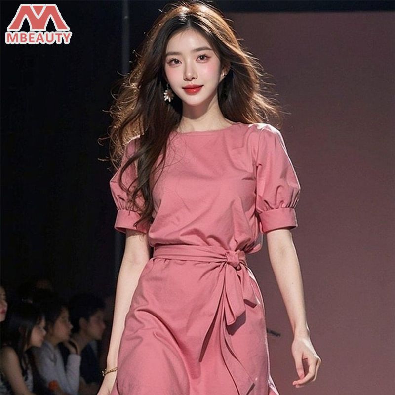 Mbeauty Elegant Summer Dress with Puff Sleeves and Waist Tie