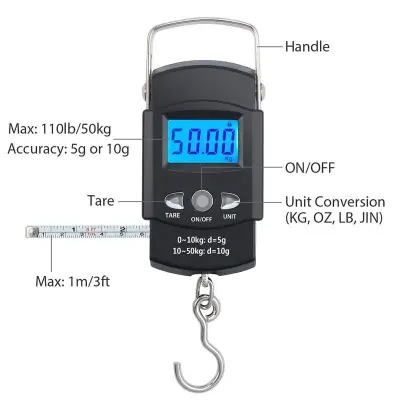 50Kg x 0.01Kg Electronic Digital Handing Mini Pocket Scale 10G Portable Luggage Travel Fishing Scale Kitchen Hook Balance Weighing