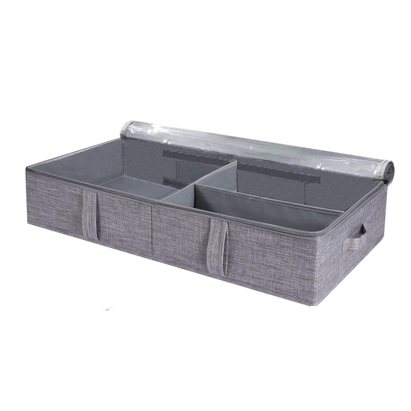 (QSPF) 50L Under Bed Storage Box with Lid, Foldable Linen Storage Box with Sturdy Sidewalls/Bottom and Adjustable Dividers PVC