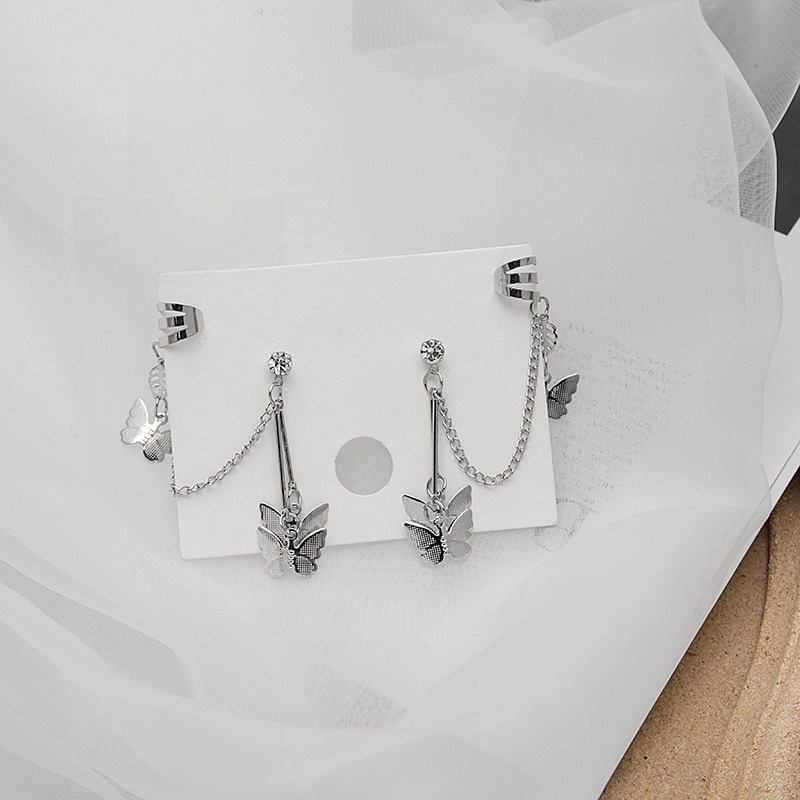 Pair of (2 Pcs) Silver plated Long Chain Butterfly Design Ear Cuffs Earrings for Women and Girls