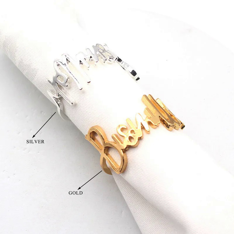 12PCSFashion Alloy Letter Prayer 42mm Alloy Blessing Bismillah Napkin Ring For Table Decoration Towel Day Party Wedding Napkin