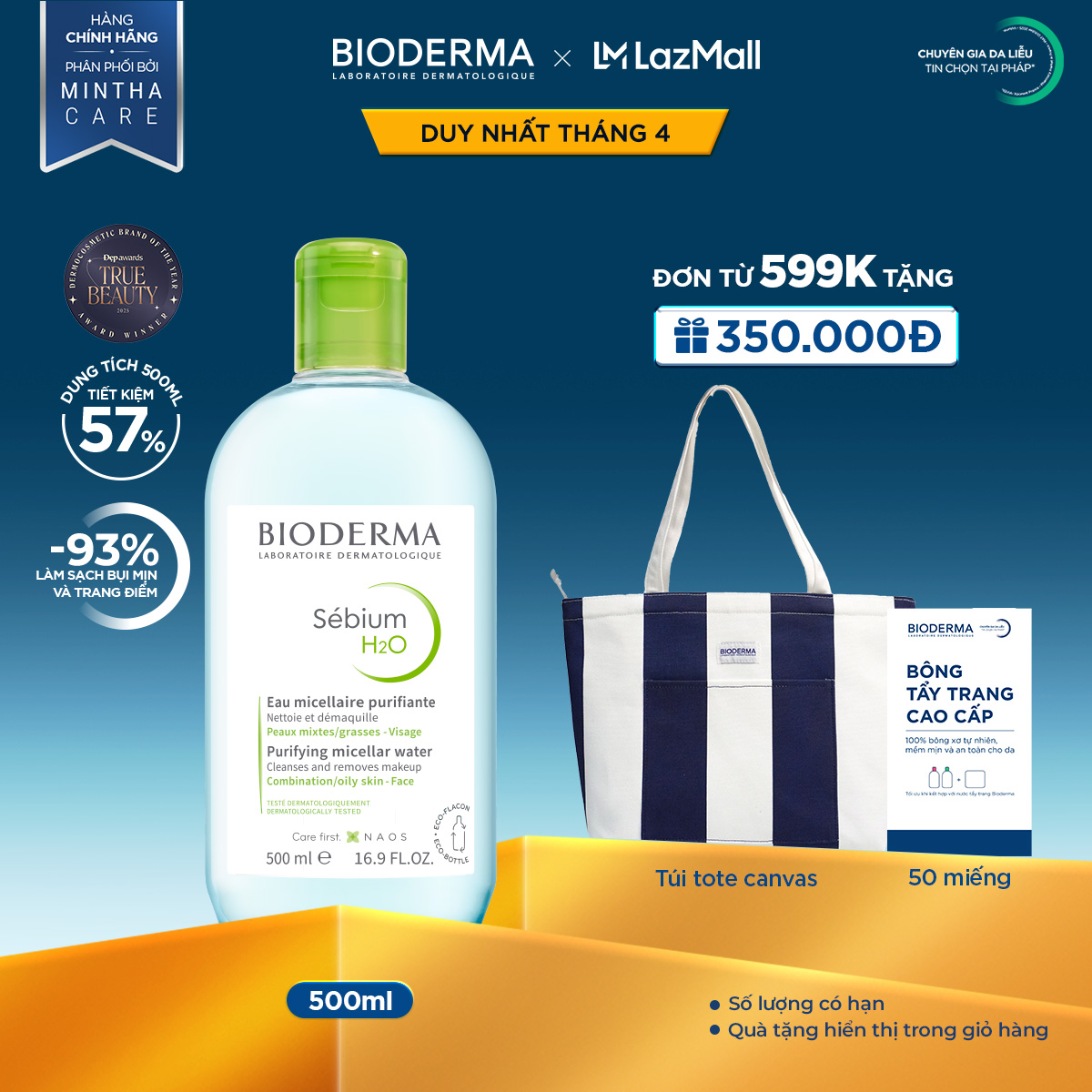 Dung dịch làm sạch và tẩy trang micellar cho da hỗn hợp, da dầu và da mụn Bioderma Sebium H2O - 500ml