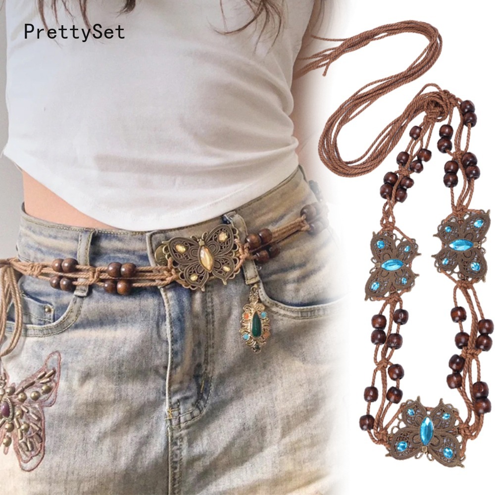 Bohemian dệt thắt lưng eo phong cách dân tộc trang trí eo chuỗi thắt lưng cho phụ nữ bằng gỗ Bead đồ trang trí hình bươm bướm dây thắt lưng của váy