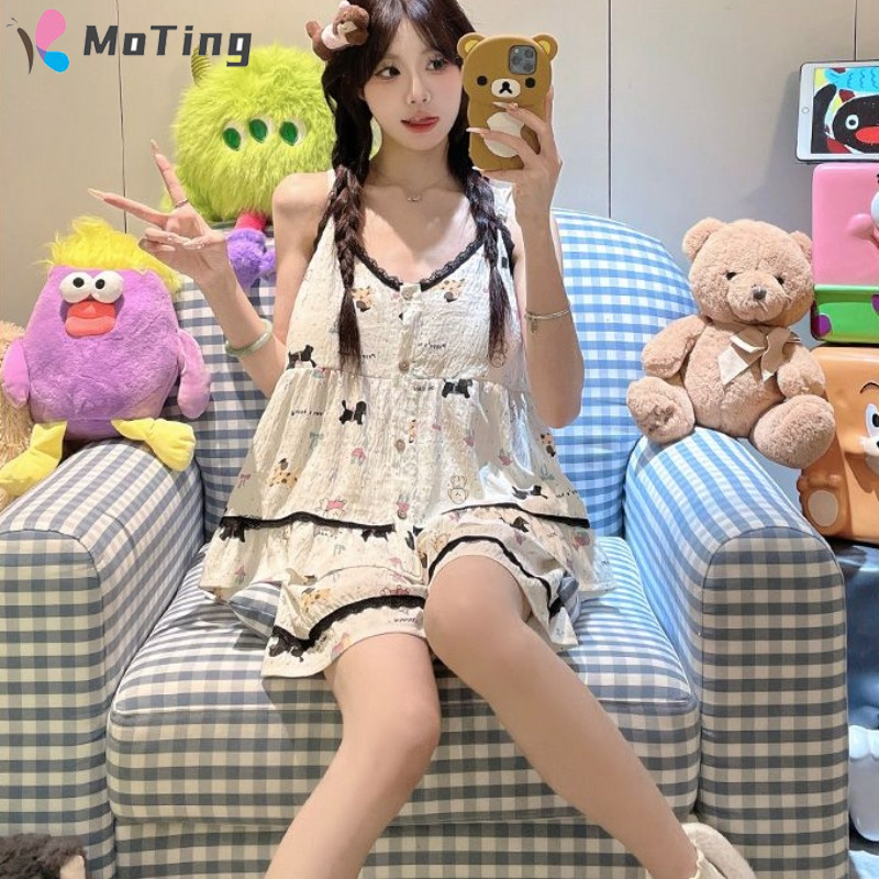 MoTing Cute Cartoon Pajama Set with Built-in Bra for Summer Comfort