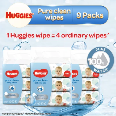 [ Made in Singapore] Huggies Pure Clean Baby Wipes 64sx3 - Bundle of 3 (9 packs)