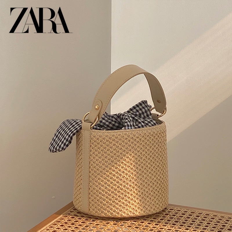 Zara bucket grass woven bag nữ thời trang all-match one-shoulder cross-body túi xách phong cách phươ