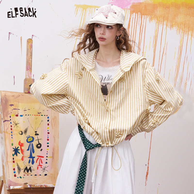 ELFSACK Striped Hooded Blouse with 3D Floral Appliques for Women ราคา 1,539 บาท*ส่งฟรี