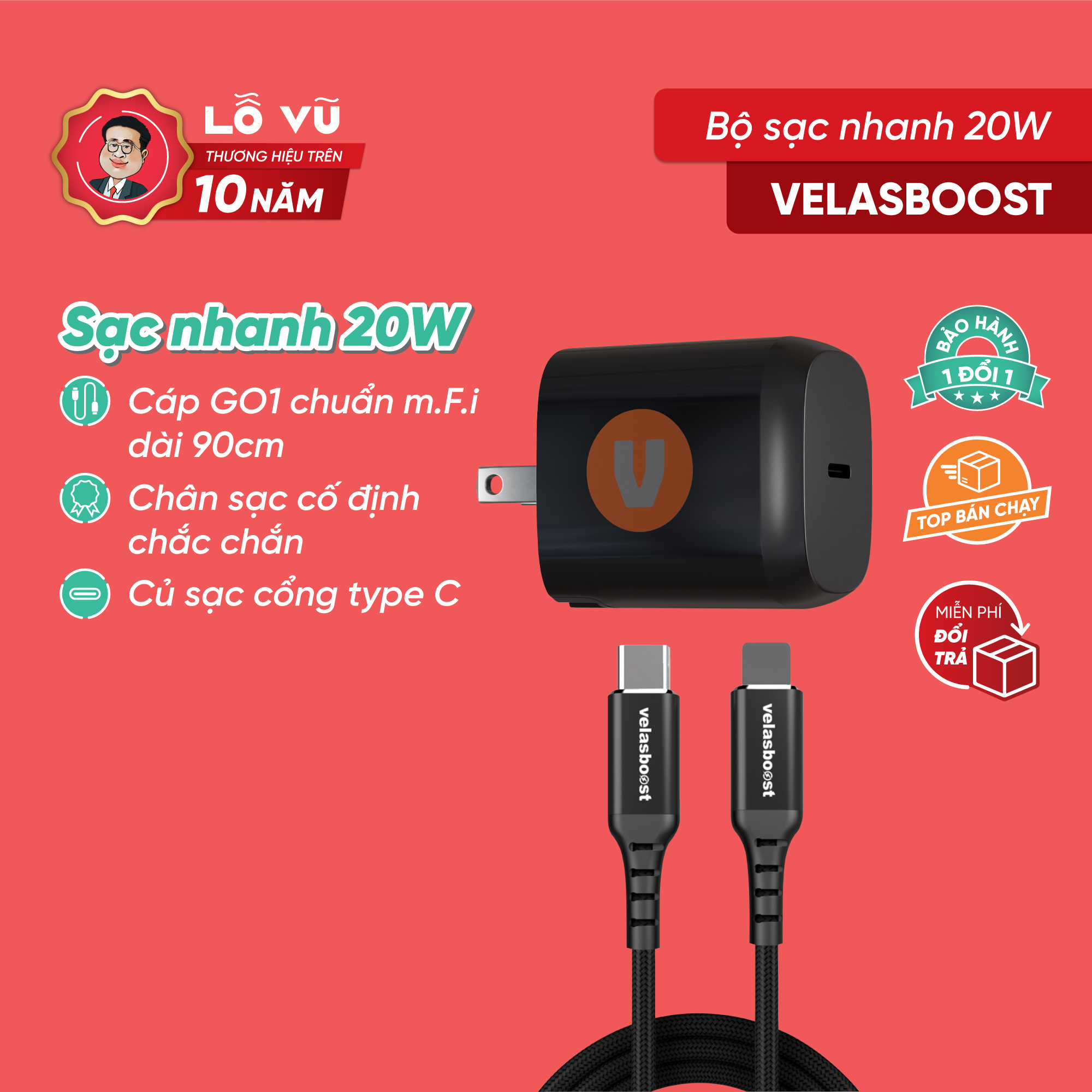 {hot} Bộ sạc nhanh (củ và cáp) 20w chuẩn MFi velasboost, Bảo hành 1 năm chính hãng