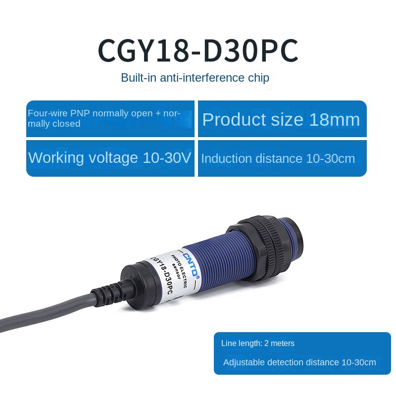 Cảm Biến Quang Điện CGY18E D30PC M18 CNTD - tùy chọn PNP/NPN Thường Mở/Thường Đóng, 3 Dây, M18, 10-30cm