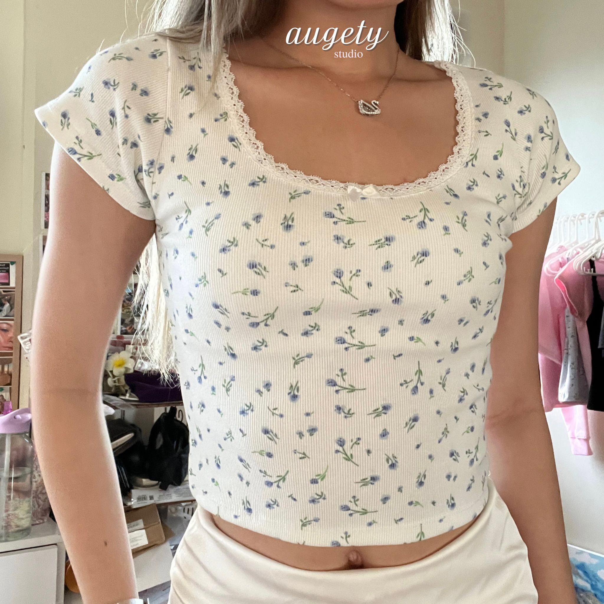 áo croptop ren nơ hoa nhí tay ngắn, dolly top hoa