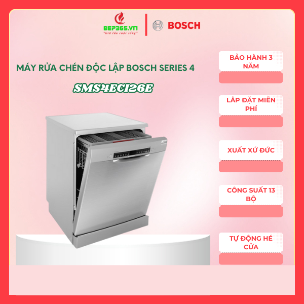 Máy rửa chén Bosch SMS4ECI26E độc lập - Dung tích 13 bộ - rửa hằng ngày tiện lợi - sấy nhanh Drying