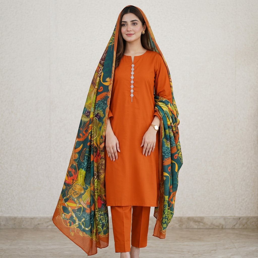 Rubika Fashion Most Hit Unstitched 3 Piece Trending New Season Collection-Katan Silk Plain Shirt & Trouser with Calligraphy printed Dupatta For Women