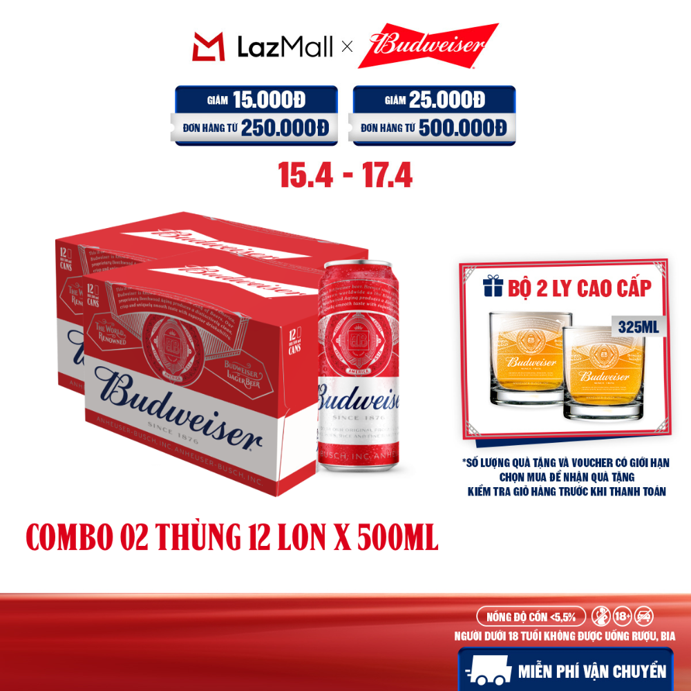 Combo 2 Thùng 12 Lon Bia Budweiser Chính Hãng (500ml/lon)