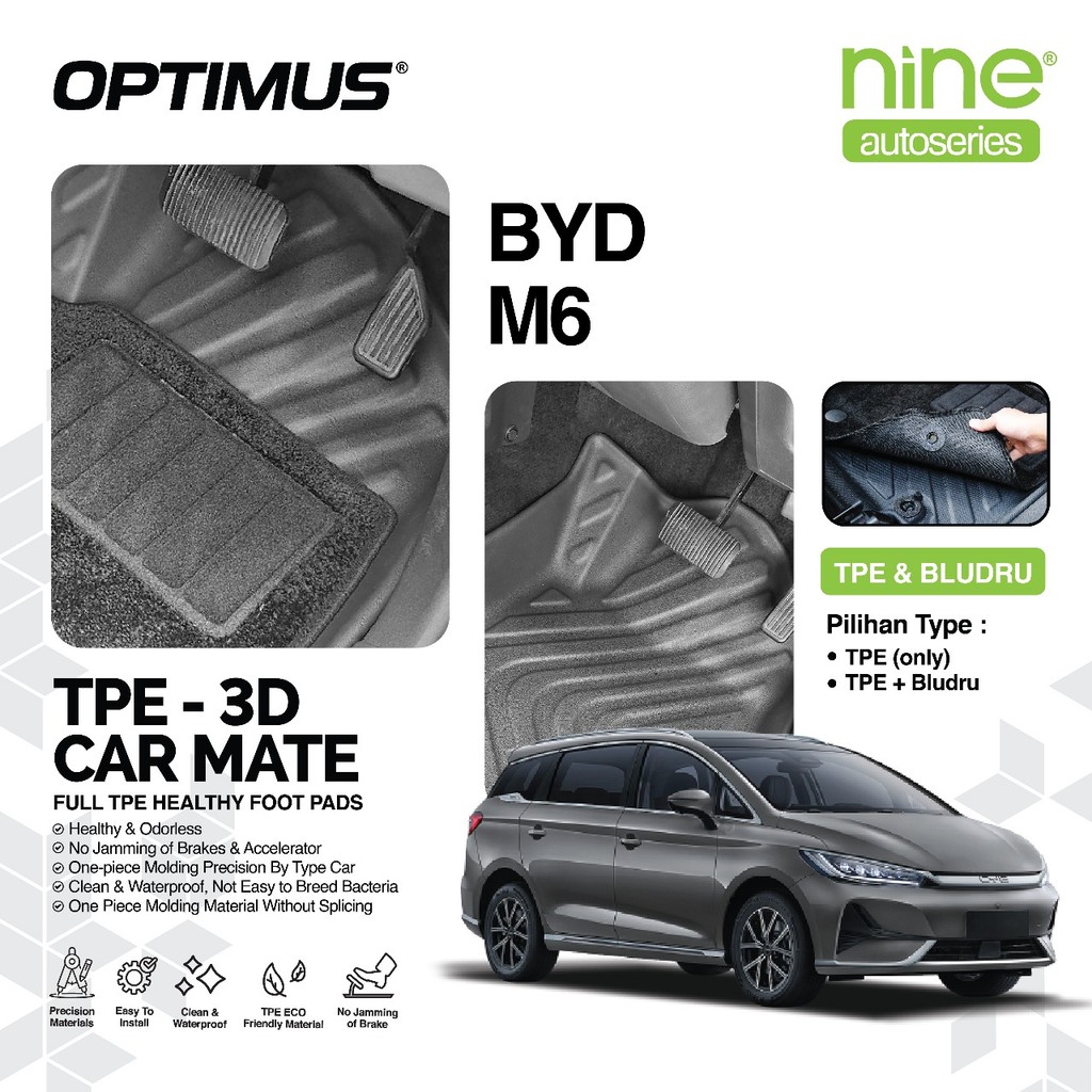 Karpet Mobil BYD M6 PREMIUM TPE Mate 3D Bludru Full Set Bagasi Anti Slip Waterproof PNP OPTIMUS Harga 2,349,900 rupiah*Gratis Ongkir