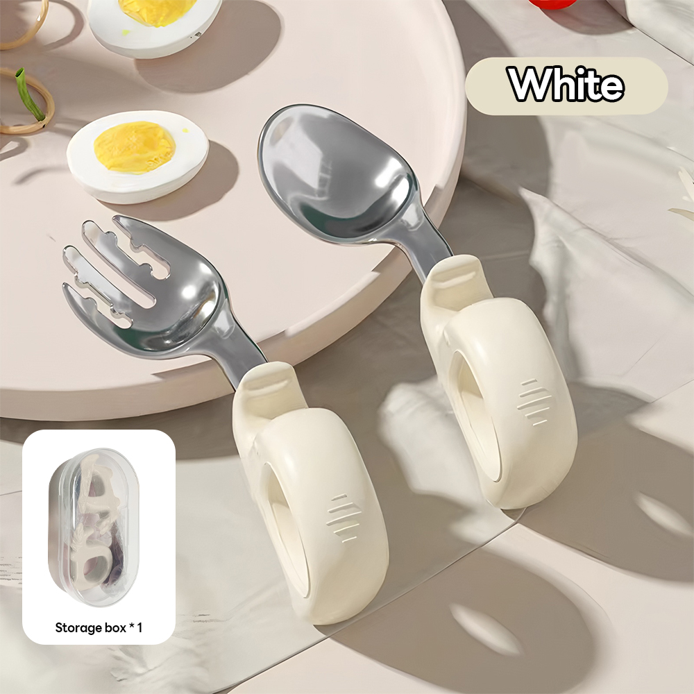 Mumystation Baby Curved Stainless Steel Spoon Fork Set Kids Training Spoon Fork Set With Box Short Handle Spoon And Fork
